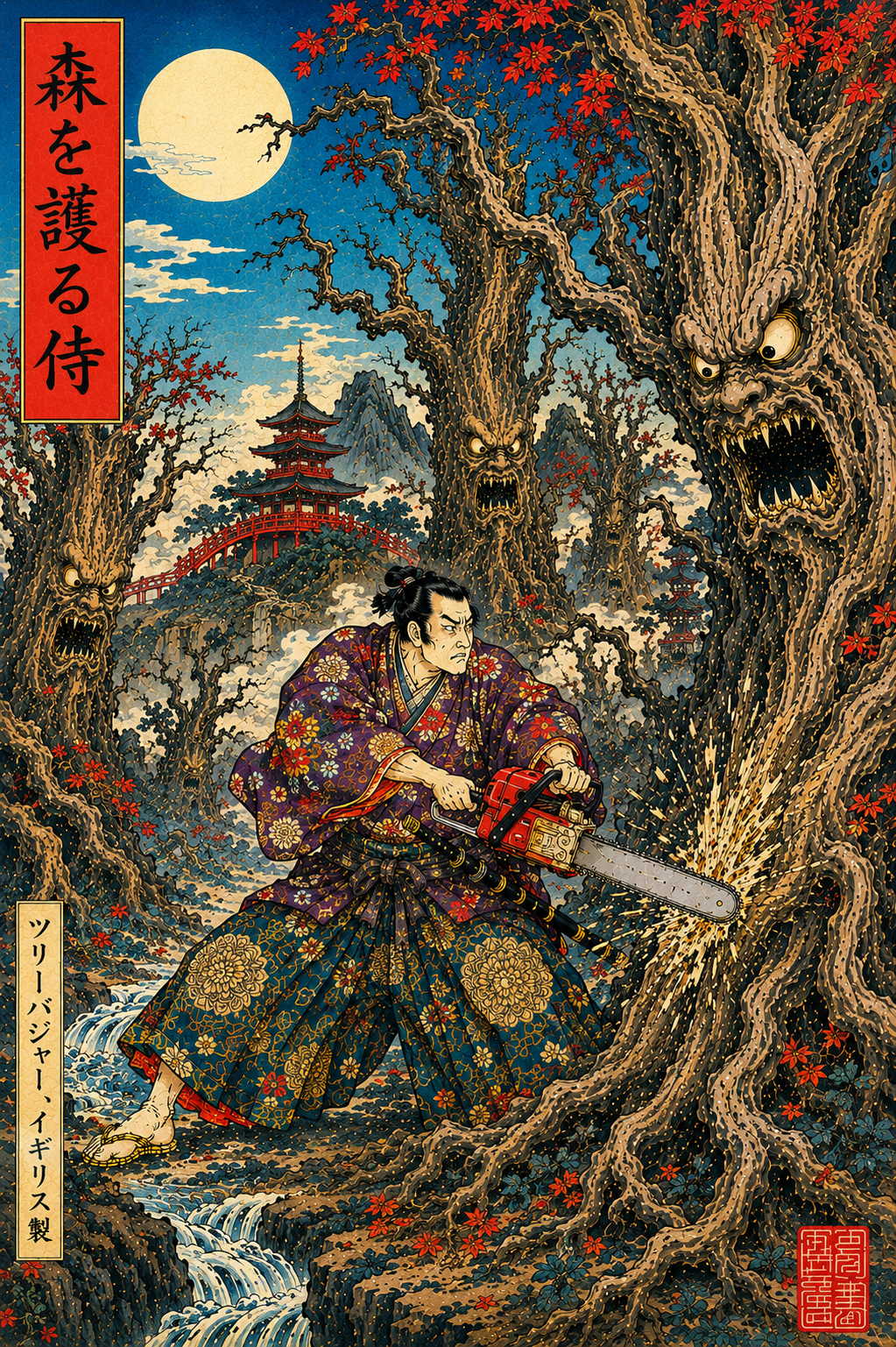 Samurai confronting tree spirits