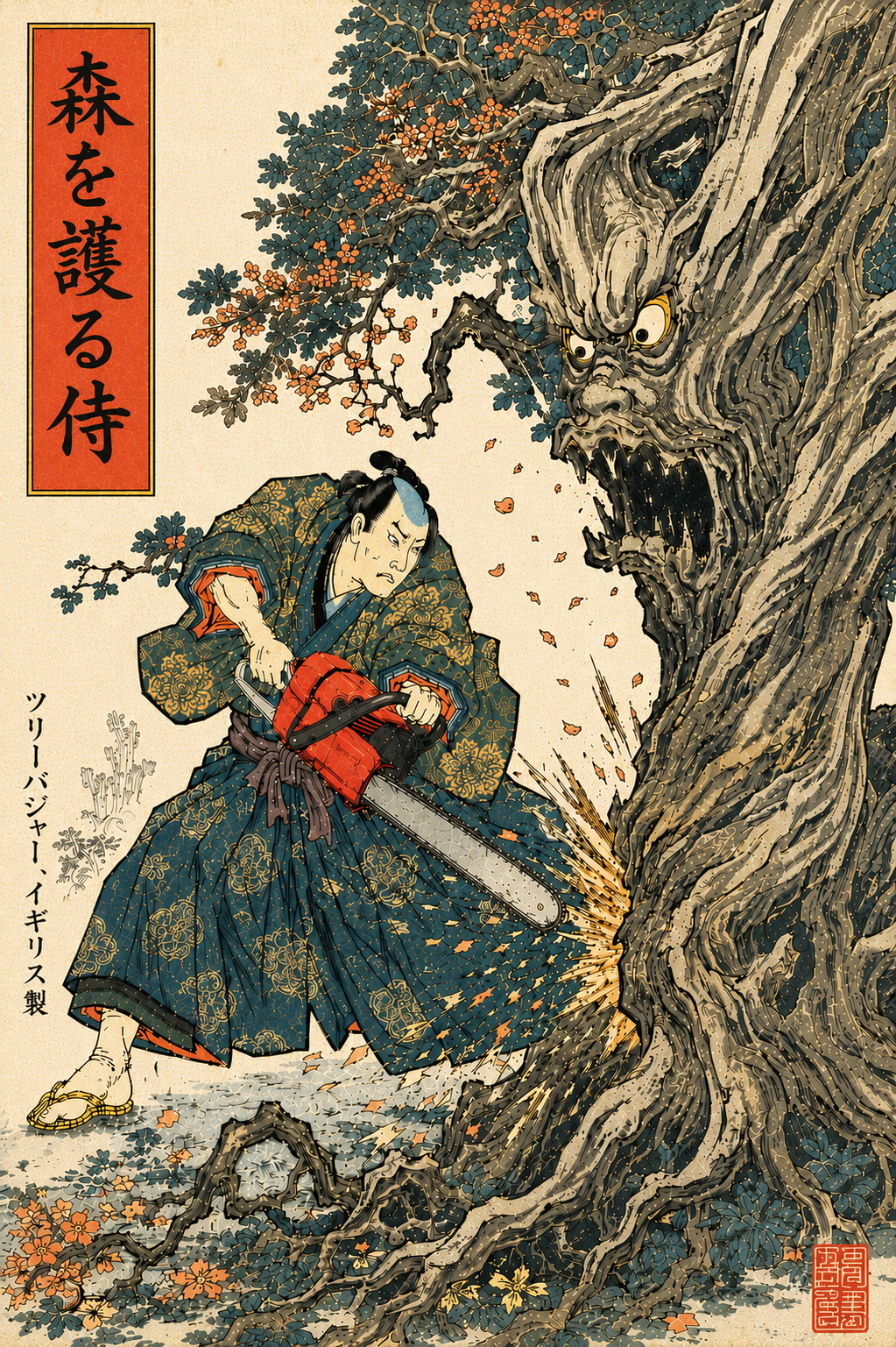 Samurai confronting a tree spirit