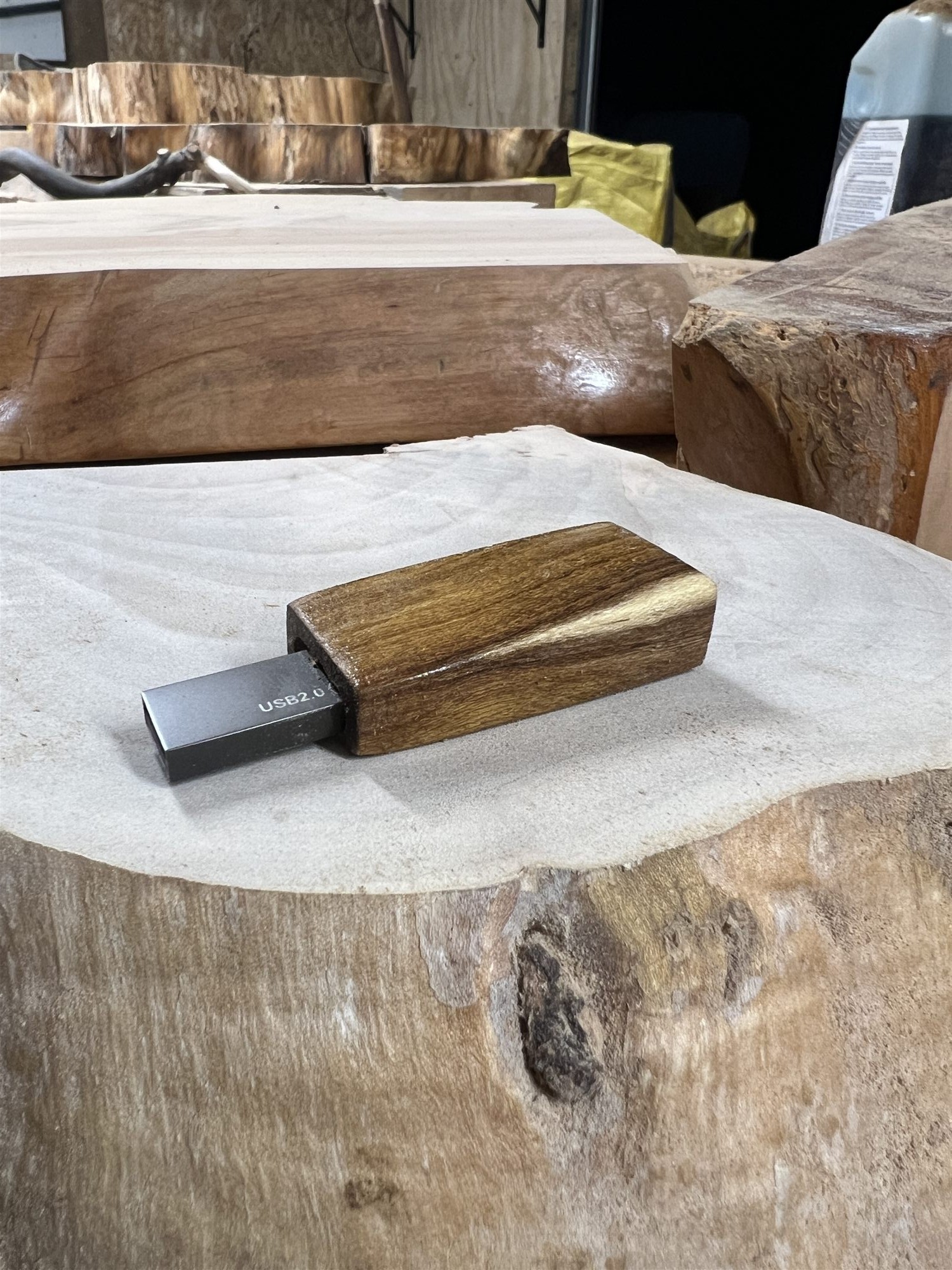 Wood-cased USB drive resting on a cut log
