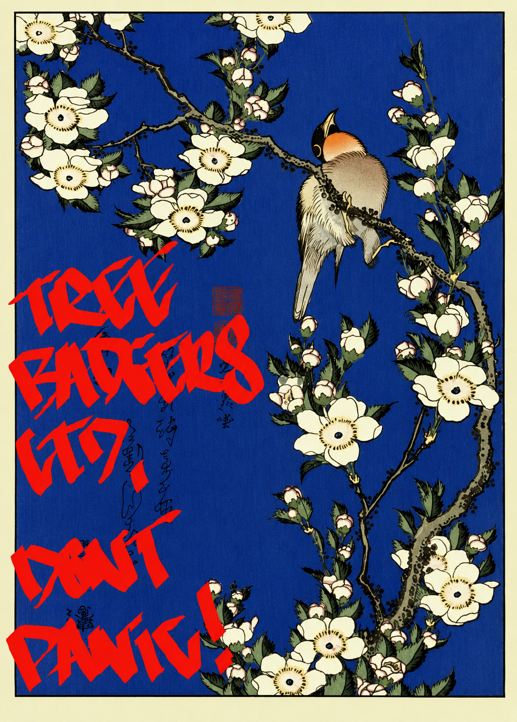 Bird among white blossoms on a blue background with red Treebadgers lettering