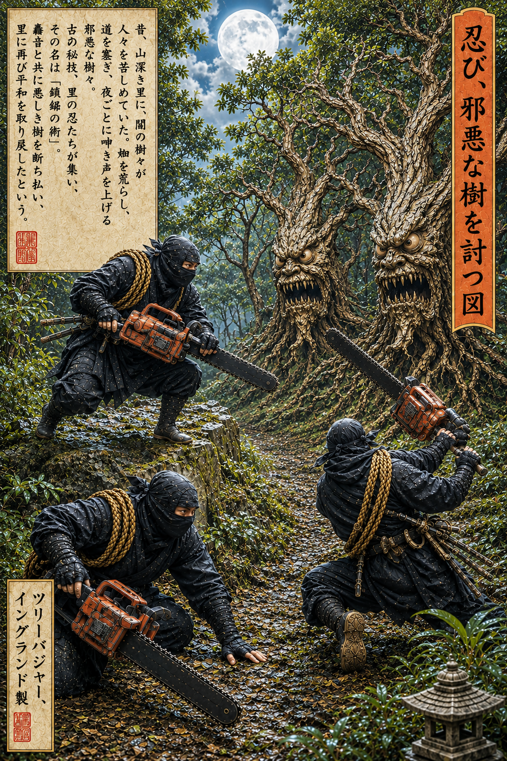 Three masked warriors with chainsaws confronting tree spirits under moonlight