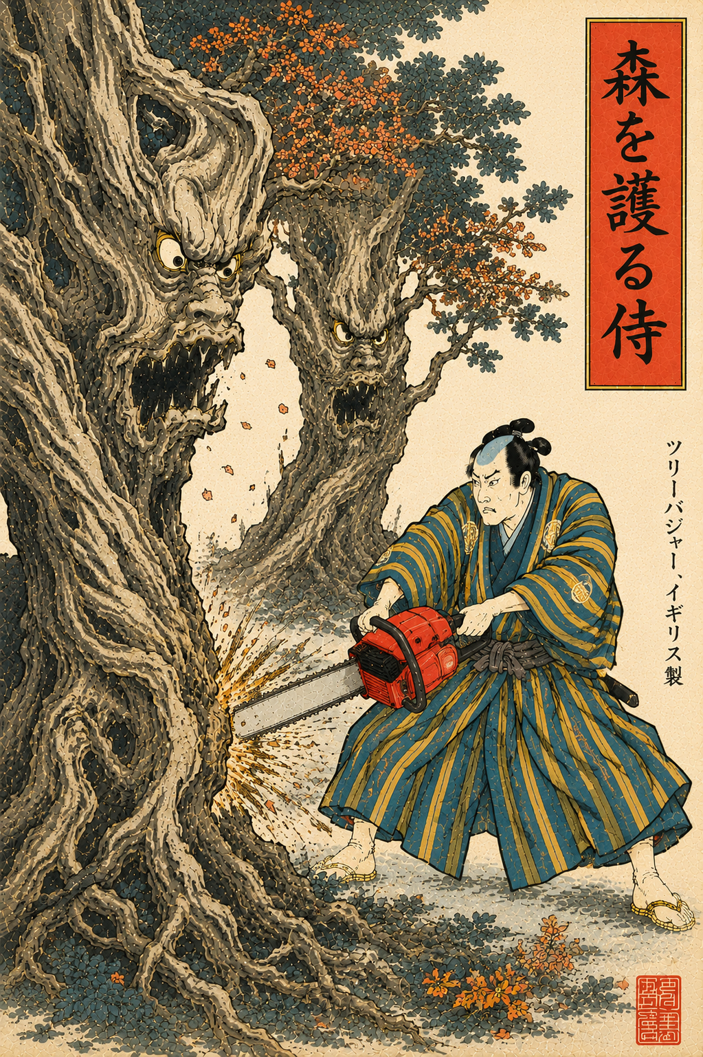 Samurai in a striped robe cutting a tree spirit with a red chainsaw