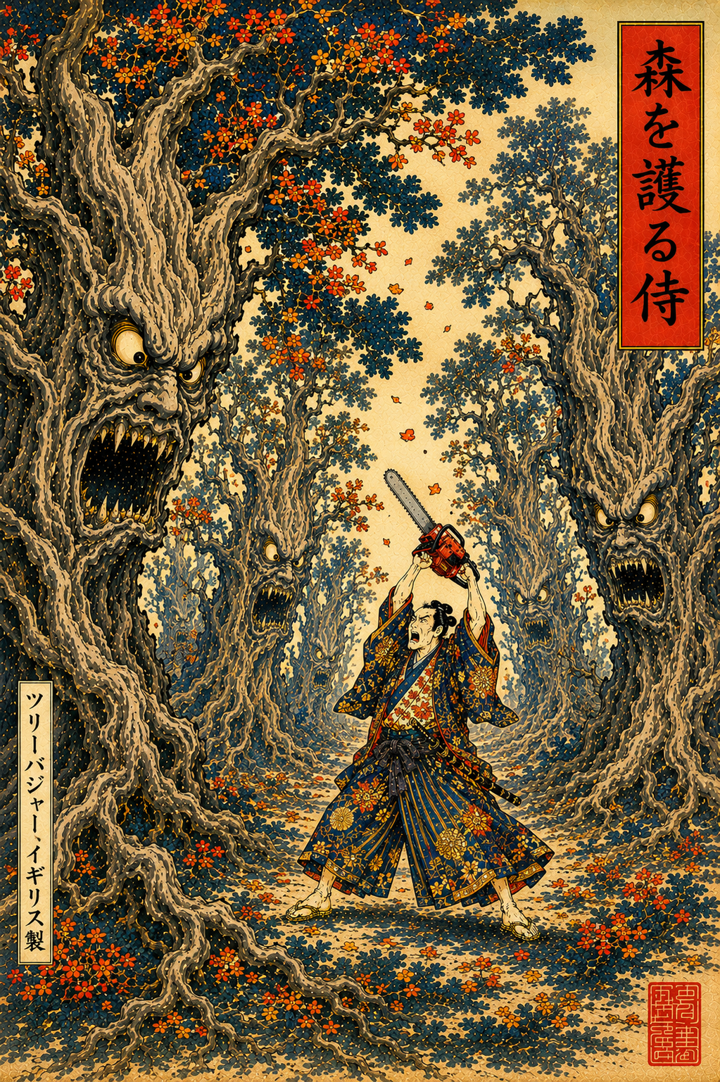 Samurai raising a chainsaw among towering tree spirits
