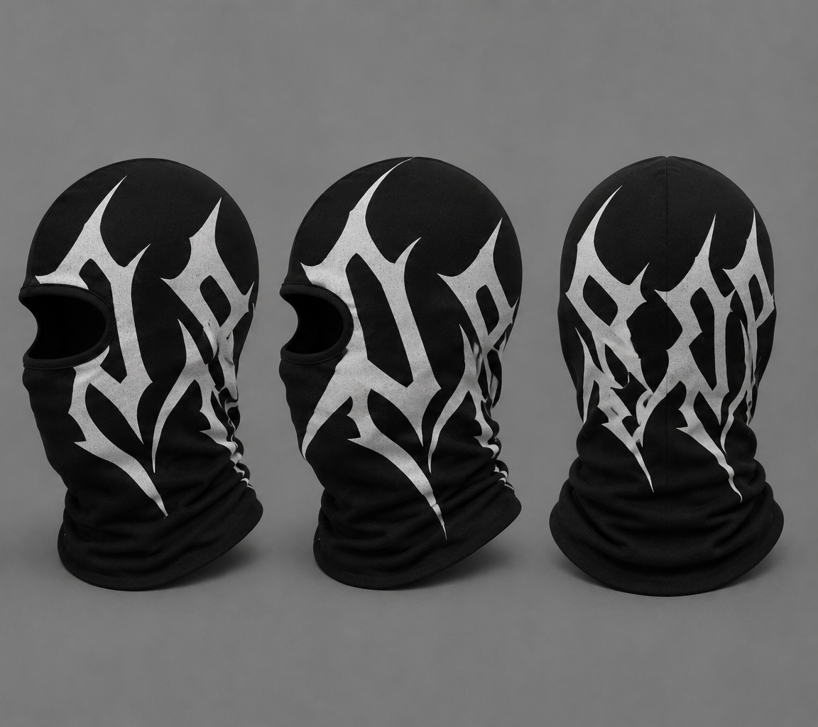 Black balaclava with white Treebadger lettering, shown from three angles