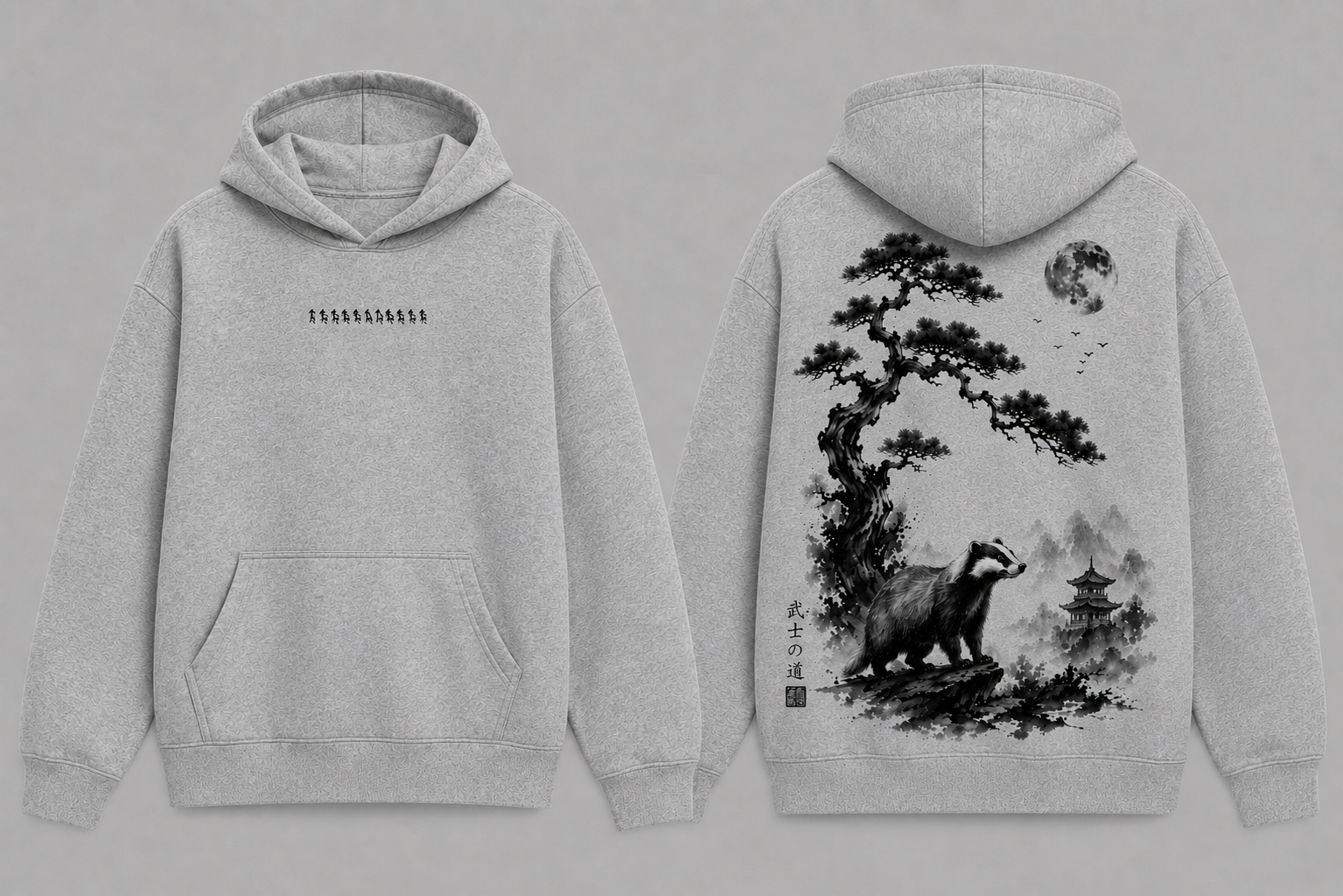 Grey Treebadger hoodie, front and back with badger and pine illustration