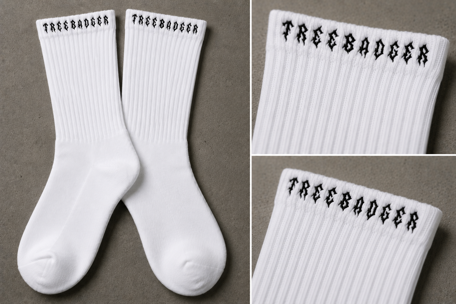 White ribbed socks with black Treebadger lettering