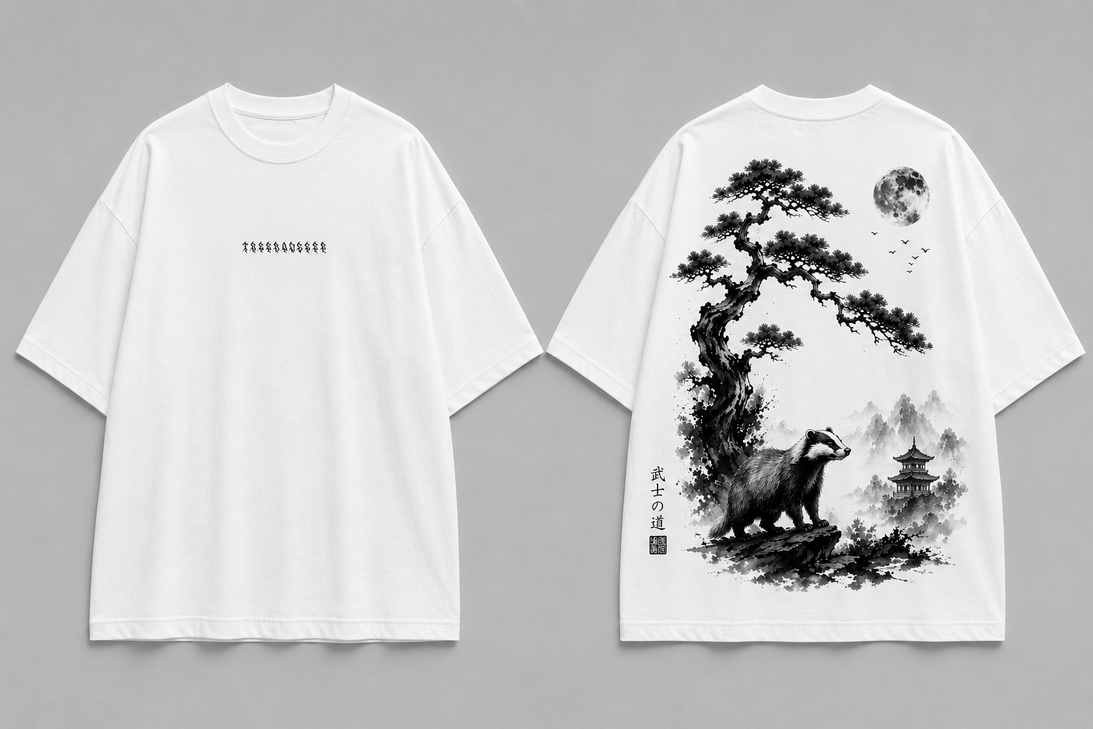White Treebadger T-shirt, front and back with badger and pine illustration